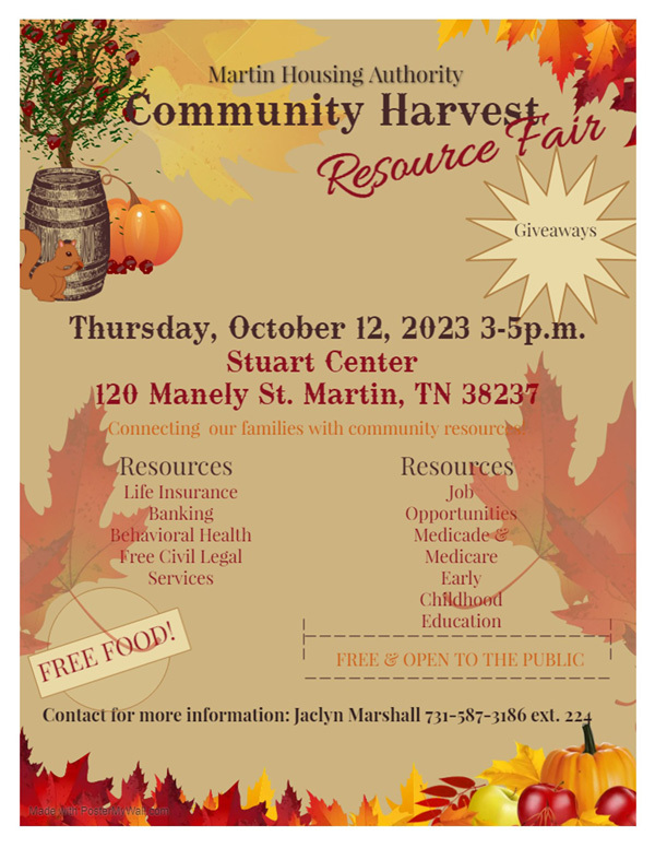 Martin Housing Authority Community Harvest Resource Fair flyer, all information as listed below.