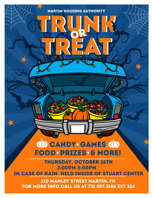 Martin Housing Authority Trunk or Treat flyer, all information as listed below.