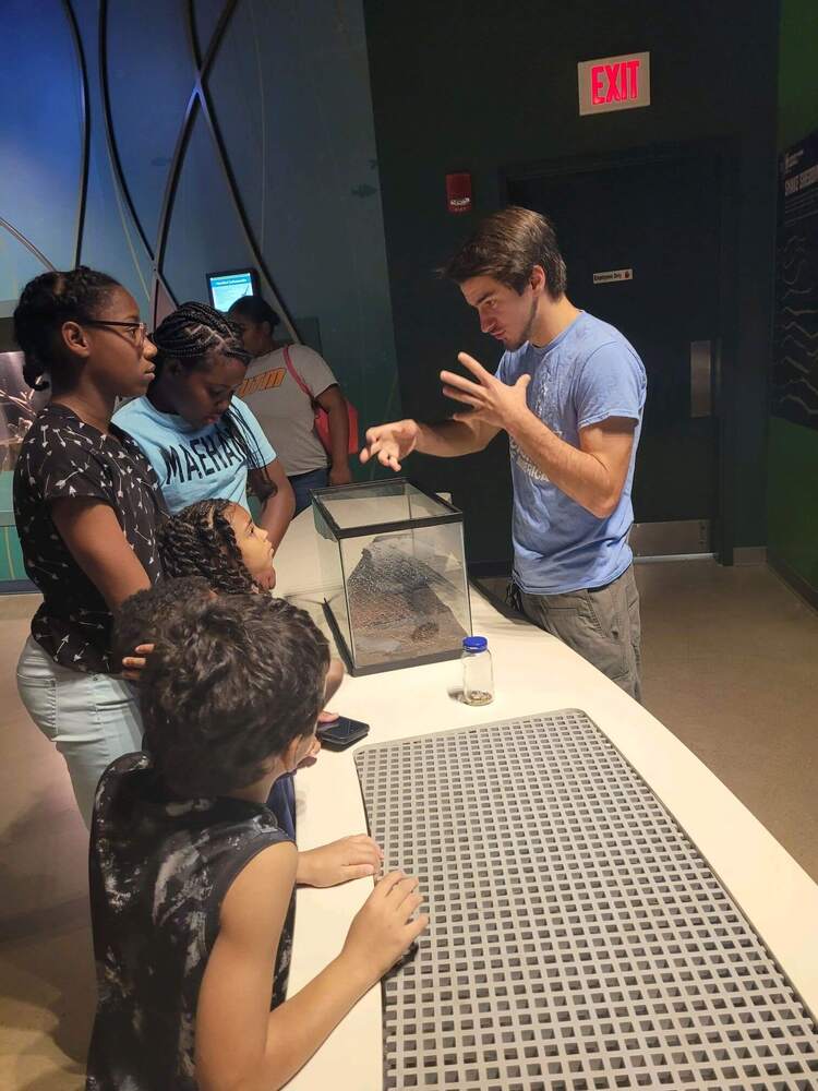 A boy standing over a box with an animal inside of it. He is talking with three girls and two boys.