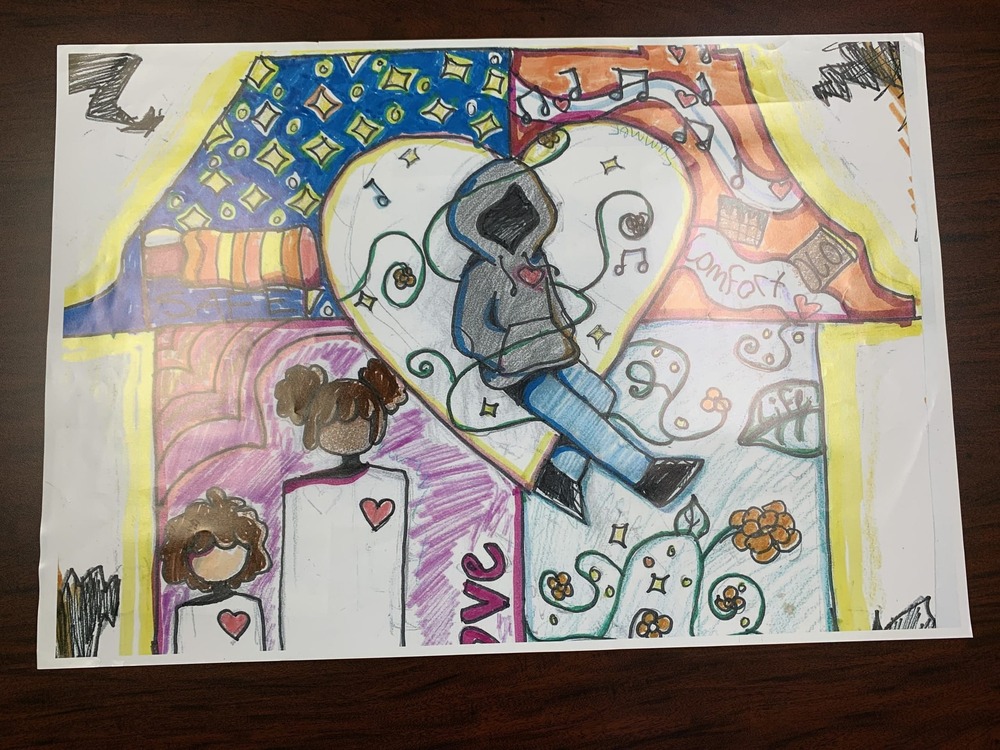 Drawing featuring a person wearing a hoodie surrounded by music notes and other things in their home. 