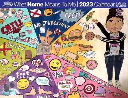What Home Means to Me 2023 Calendar cover shows a girl pointing to all the things that mean home to her.
