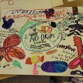 A poster for Red Ribbon Week. There are various drawings and the words Say No To Drugs.