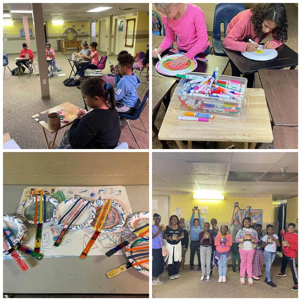 A four image collage showing MEA kids making, decorating, and proudly holding their instruments that were made from wooden paint sticks, rubber bands, and paper plates.