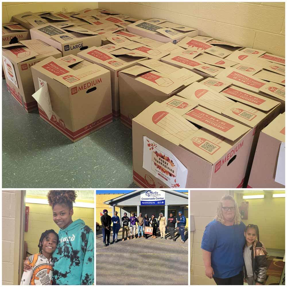 A four image collage showing the Thanksgiving boxes donated and various volunteers with their arms around the kids of MEA. 