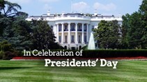 In celebration of Presidents Day. The White House with trees, bushes, and grass.